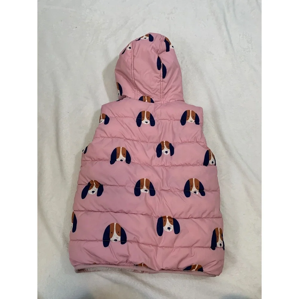 Mini Boden Reversible Puffer Vest Girls 6-7Y Pink Beagle‎ Dog Sherpa Fleece Hood